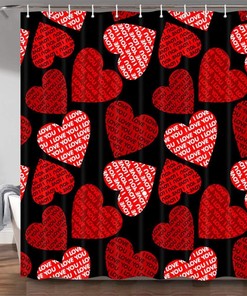 Romantic Pink Red Hearts Valentine's Day Shower Curtain with I Love You Text