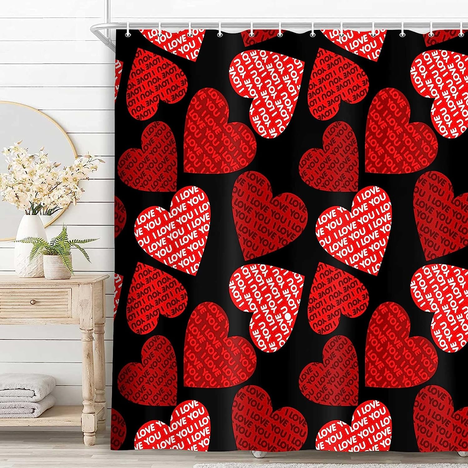 Romantic Pink Red Hearts Valentine's Day Shower Curtain with I Love You Text