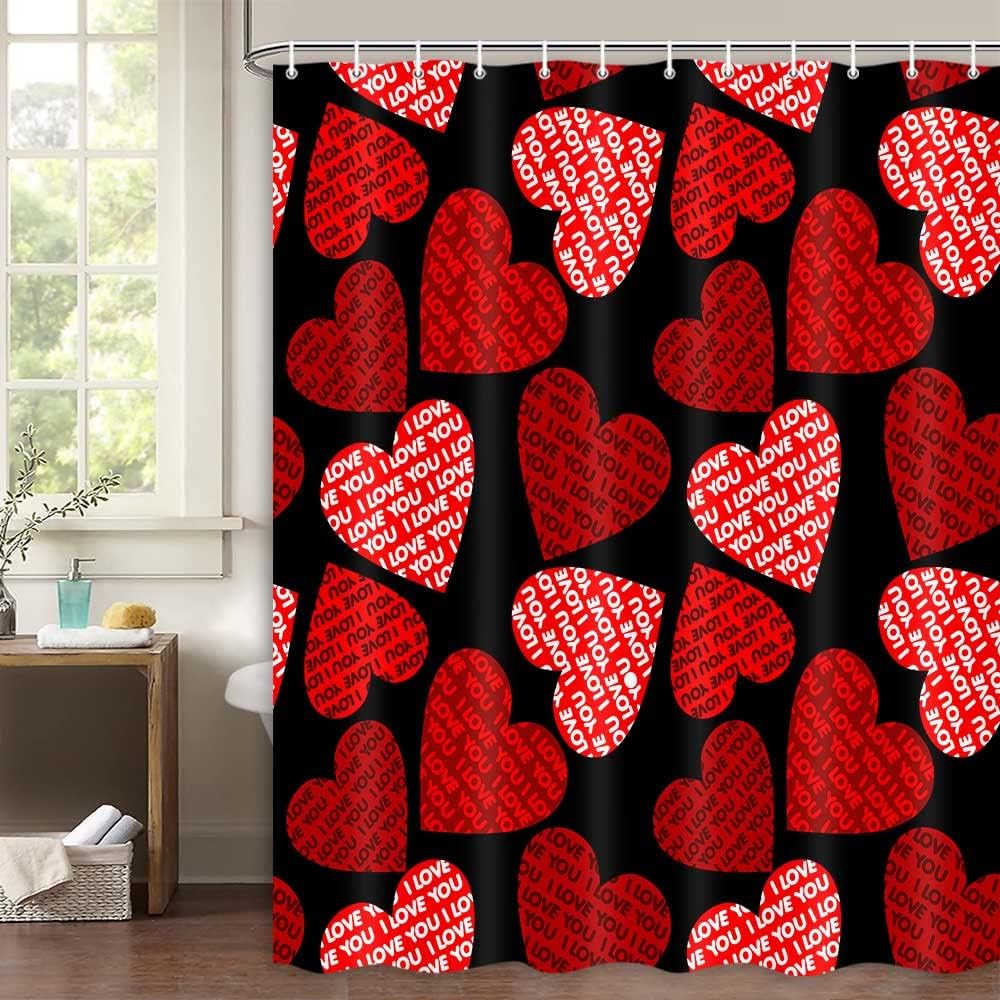 Romantic Pink Red Hearts Valentine's Day Shower Curtain with I Love You Text