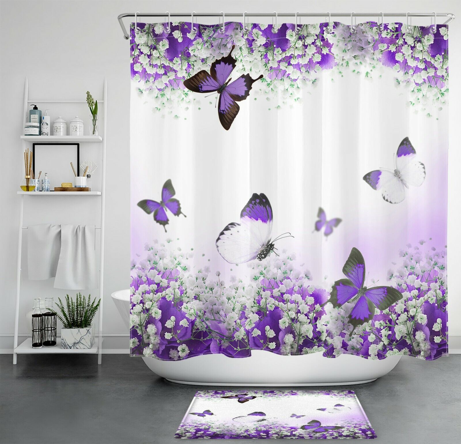 Romantic Purple Butterfly Flower Shower Curtain, Highly Durable and Waterproof for Your Bathroom Decor