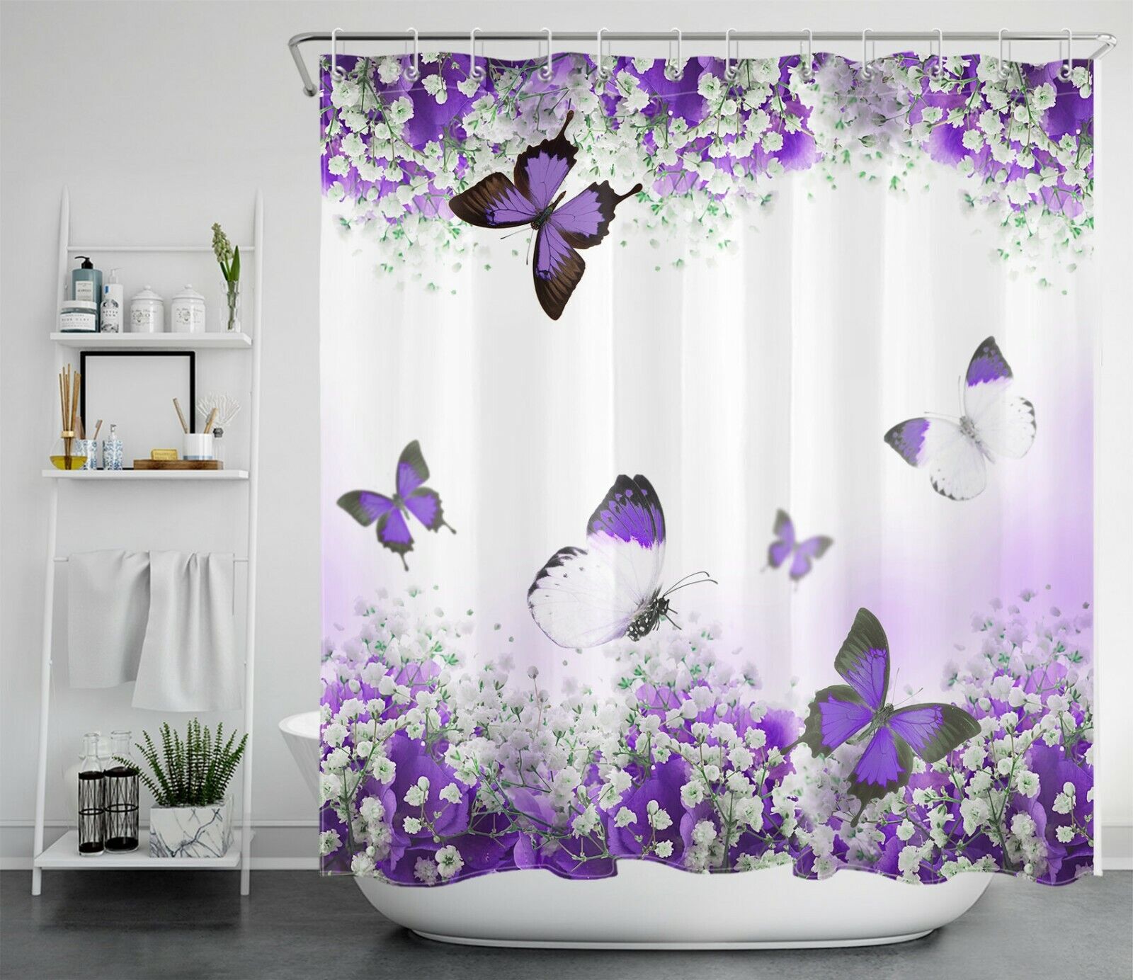 Romantic Purple Butterfly Flower Shower Curtain, Highly Durable and Waterproof for Your Bathroom Decor