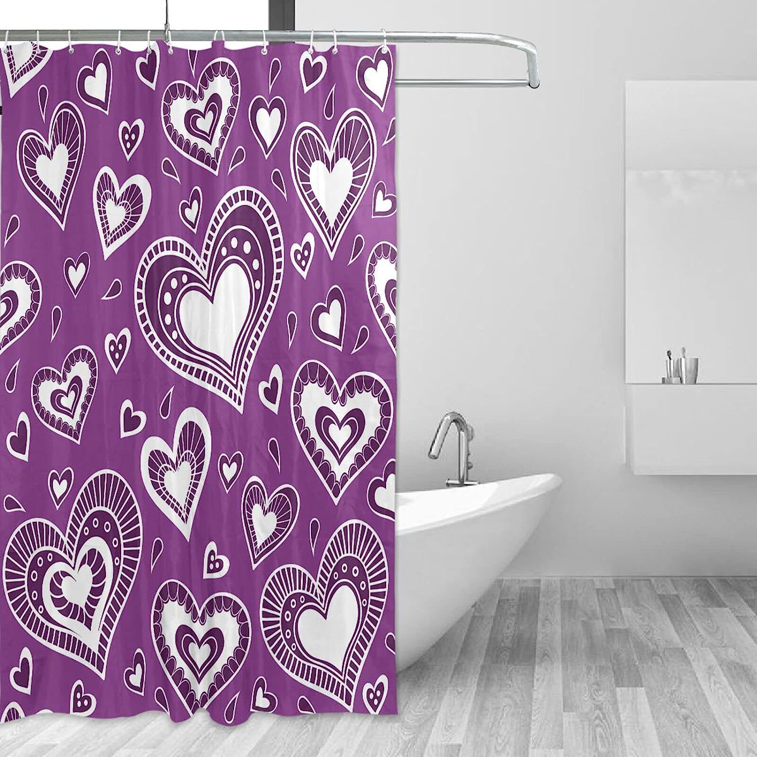 Romantic Purple Hearts Print Waterproof Shower Curtain for Bathroom Decor
