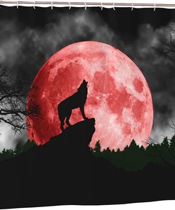 Romantic Red Full Moon Wolf Howling Shower Curtain - Forest Red Full Moon Wolf Howling