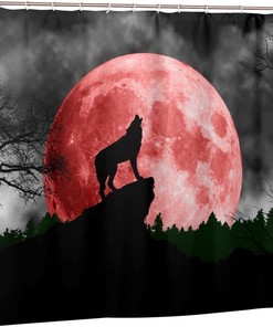Romantic Red Full Moon Wolf Howling Shower Curtain - Forest Red Full Moon Wolf Howling