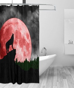 Romantic Red Full Moon Wolf Howling Shower Curtain - Forest Red Full Moon Wolf Howling