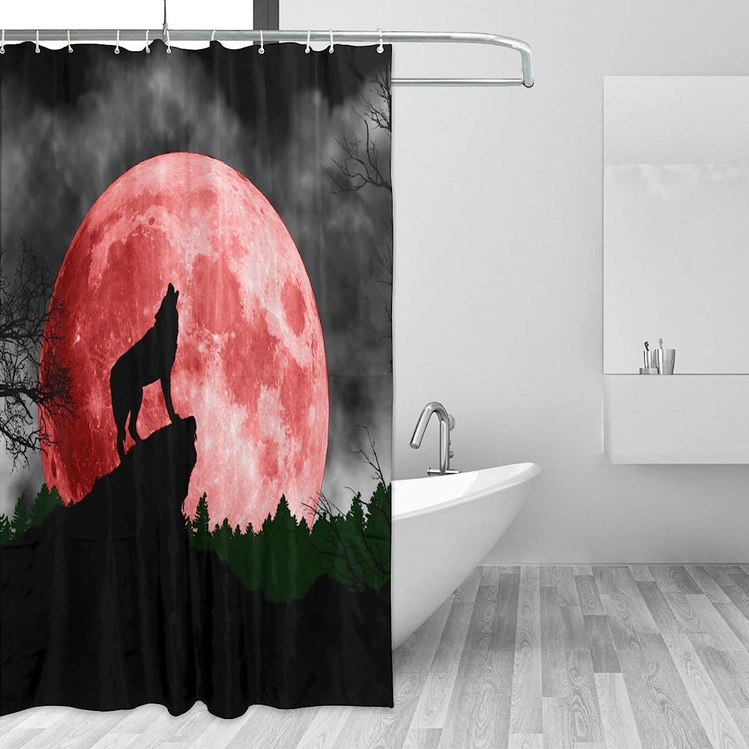 Romantic Red Full Moon Wolf Howling Shower Curtain - Forest Red Full Moon Wolf Howling