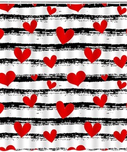 Romantic Red Heart Shower Curtain With Black And White Stripes, Perfect For Valentine'S Day Bathroom Decoration
