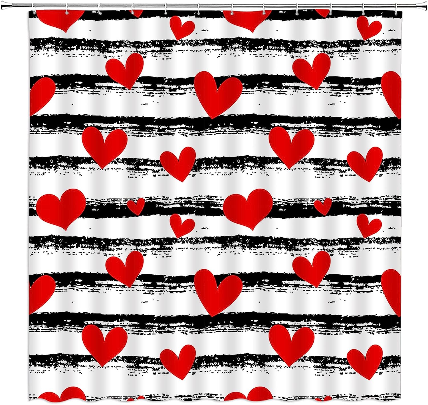 Romantic Red Heart Shower Curtain With Black And White Stripes, Perfect For Valentine'S Day Bathroom Decoration