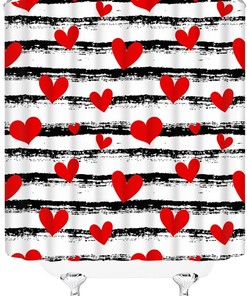 Romantic Red Heart Shower Curtain With Black And White Stripes, Perfect For Valentine'S Day Bathroom Decoration