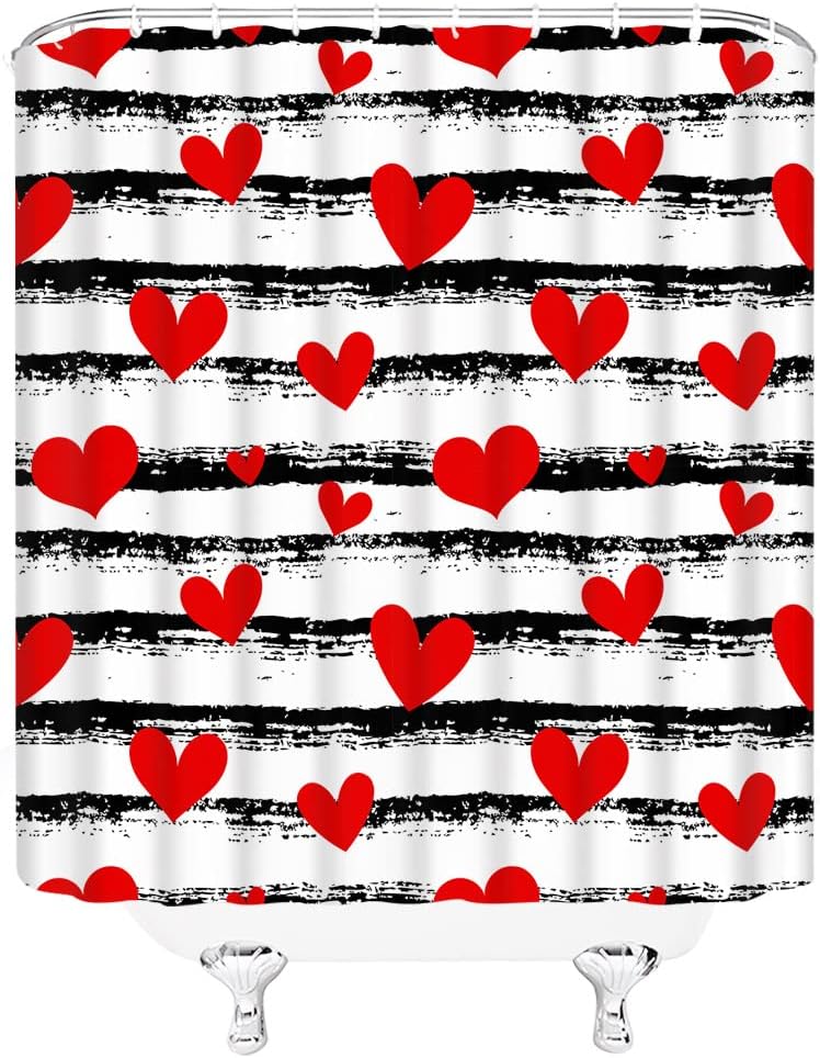 Romantic Red Heart Shower Curtain With Black And White Stripes, Perfect For Valentine'S Day Bathroom Decoration