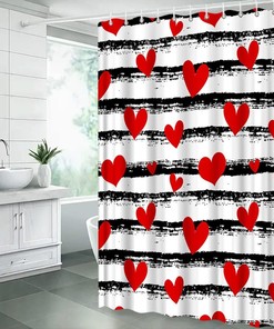 Romantic Red Heart Shower Curtain With Black And White Stripes, Perfect For Valentine'S Day Bathroom Decoration