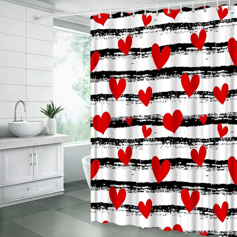 Romantic Red Heart Shower Curtain With Black And White Stripes, Perfect For Valentine'S Day Bathroom Decoration