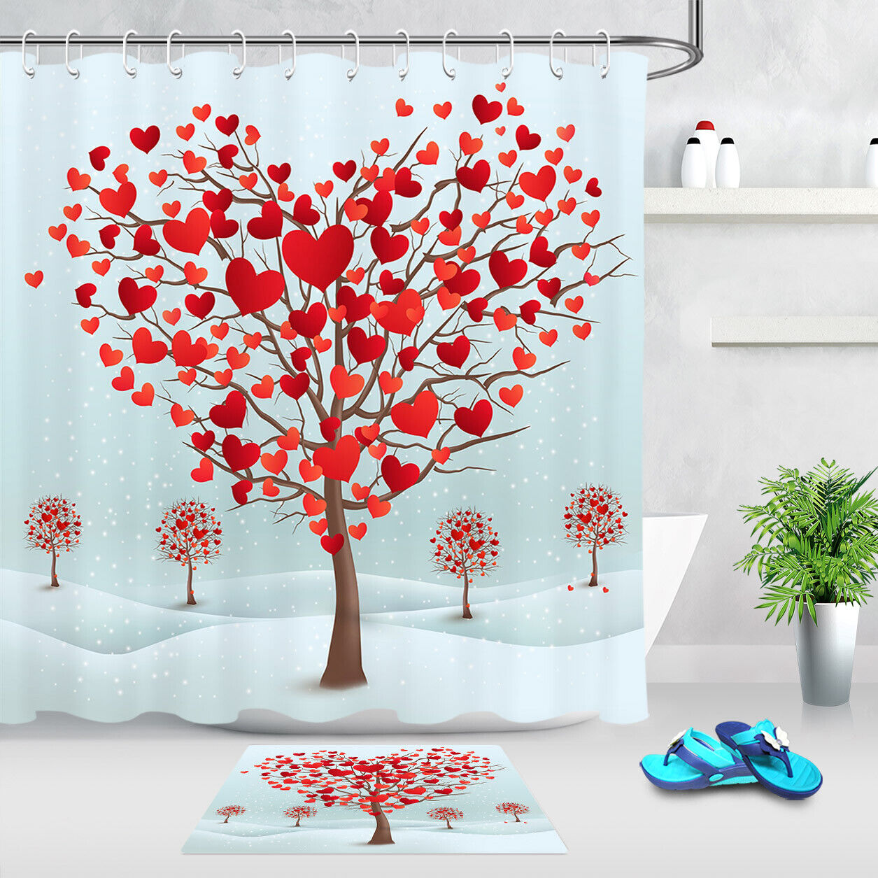 Romantic Red Hearts on Trees Vintage Shower Curtain for Valentine's Day Decor