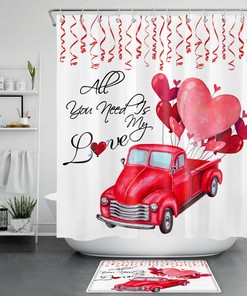 Romantic Red Love Heart Truck Shower Curtain for Valentine's Day Bathroom Decor