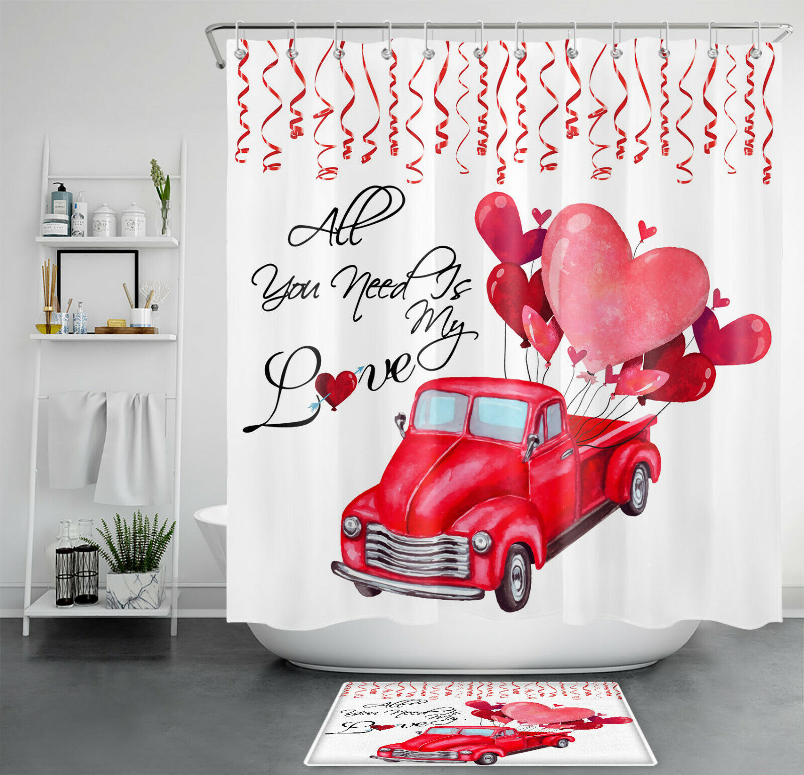 Romantic Red Love Heart Truck Shower Curtain for Valentine's Day Bathroom Decor