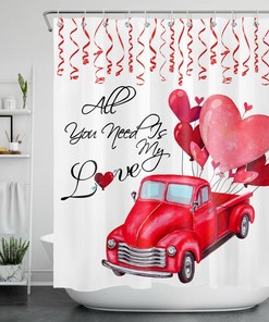 Romantic Red Love Heart Truck Shower Curtain for Valentine's Day Bathroom Decor