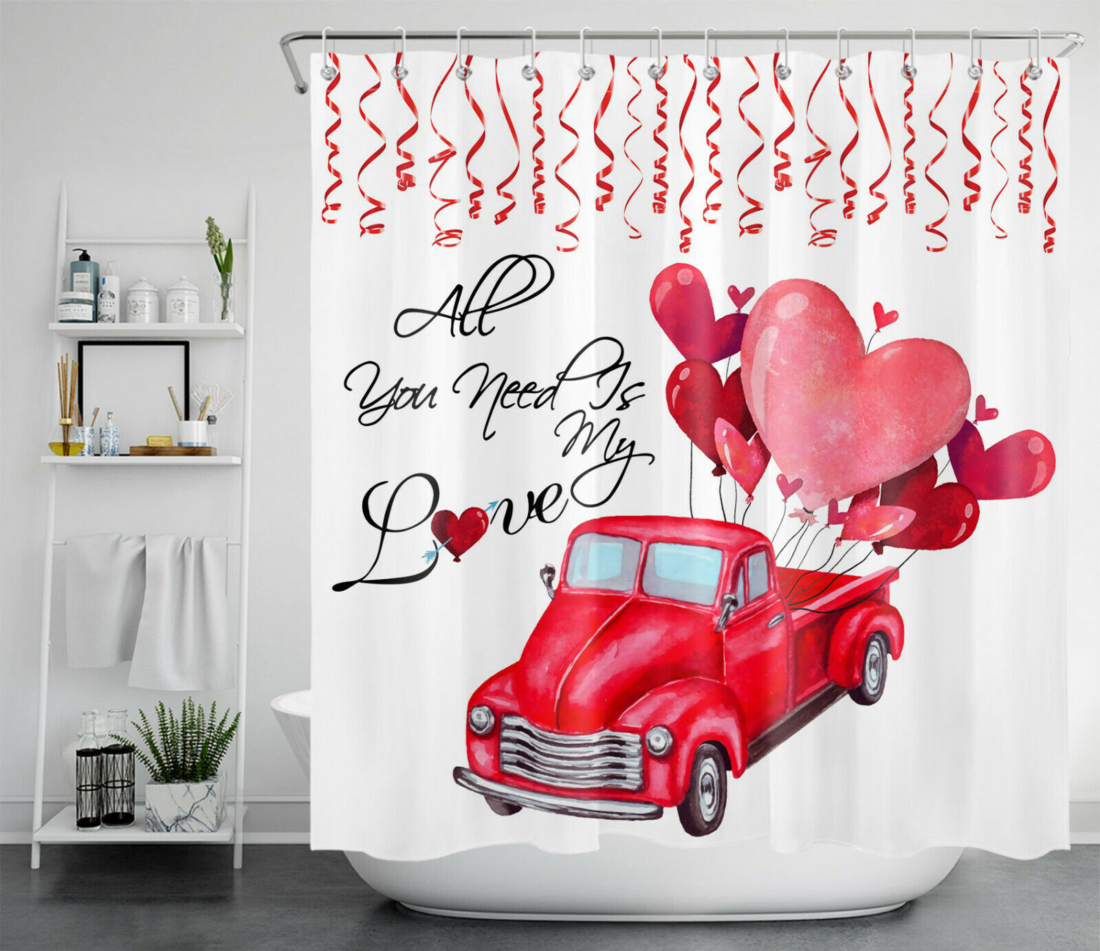 Romantic Red Love Heart Truck Shower Curtain for Valentine's Day Bathroom Decor
