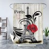 Romantic Red Rose Eiffel Tower Shower Curtain with Vintage Stamp and Floral Pattern