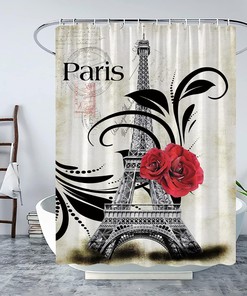 Romantic Red Rose Eiffel Tower Shower Curtain with Vintage Stamp and Floral Pattern