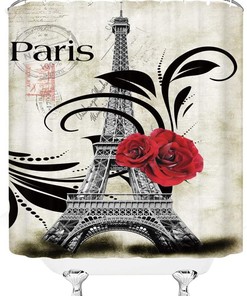 Romantic Red Rose Eiffel Tower Shower Curtain with Vintage Stamp and Floral Pattern