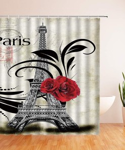 Romantic Red Rose Eiffel Tower Shower Curtain with Vintage Stamp and Floral Pattern