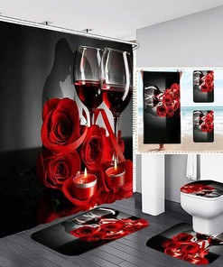 Romantic Red Rose Print Shower Curtain Set with Bath Towel and Mat - Perfect for Couples' Bathroom Decor
