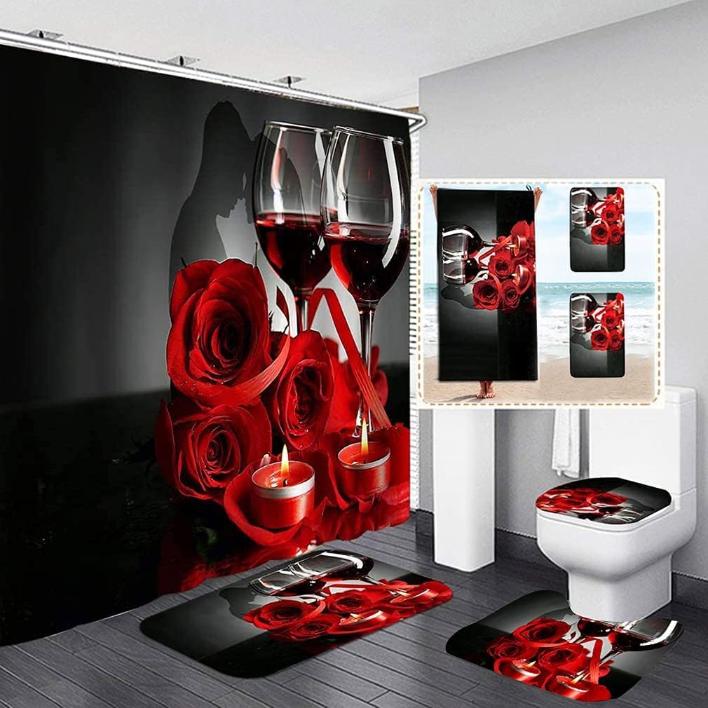 Romantic Red Rose Print Shower Curtain Set with Bath Towel and Mat - Perfect for Couples' Bathroom Decor