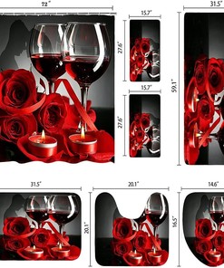 Romantic Red Rose Print Shower Curtain Set with Bath Towel and Mat - Perfect for Couples' Bathroom Decor