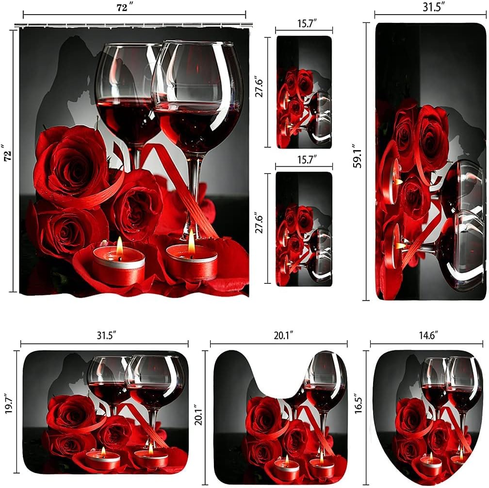 Romantic Red Rose Print Shower Curtain Set with Bath Towel and Mat - Perfect for Couples' Bathroom Decor