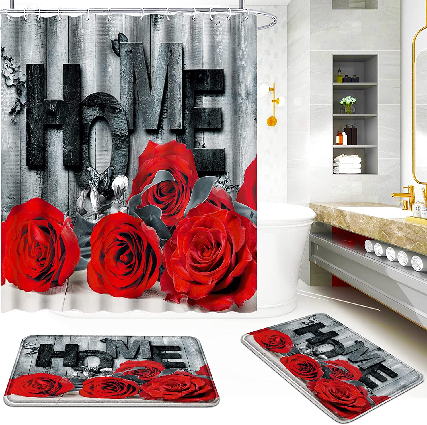 Romantic Red Rose Shower Curtain Set, Waterproof And Non-Slip, For A Special Bathroom Decor