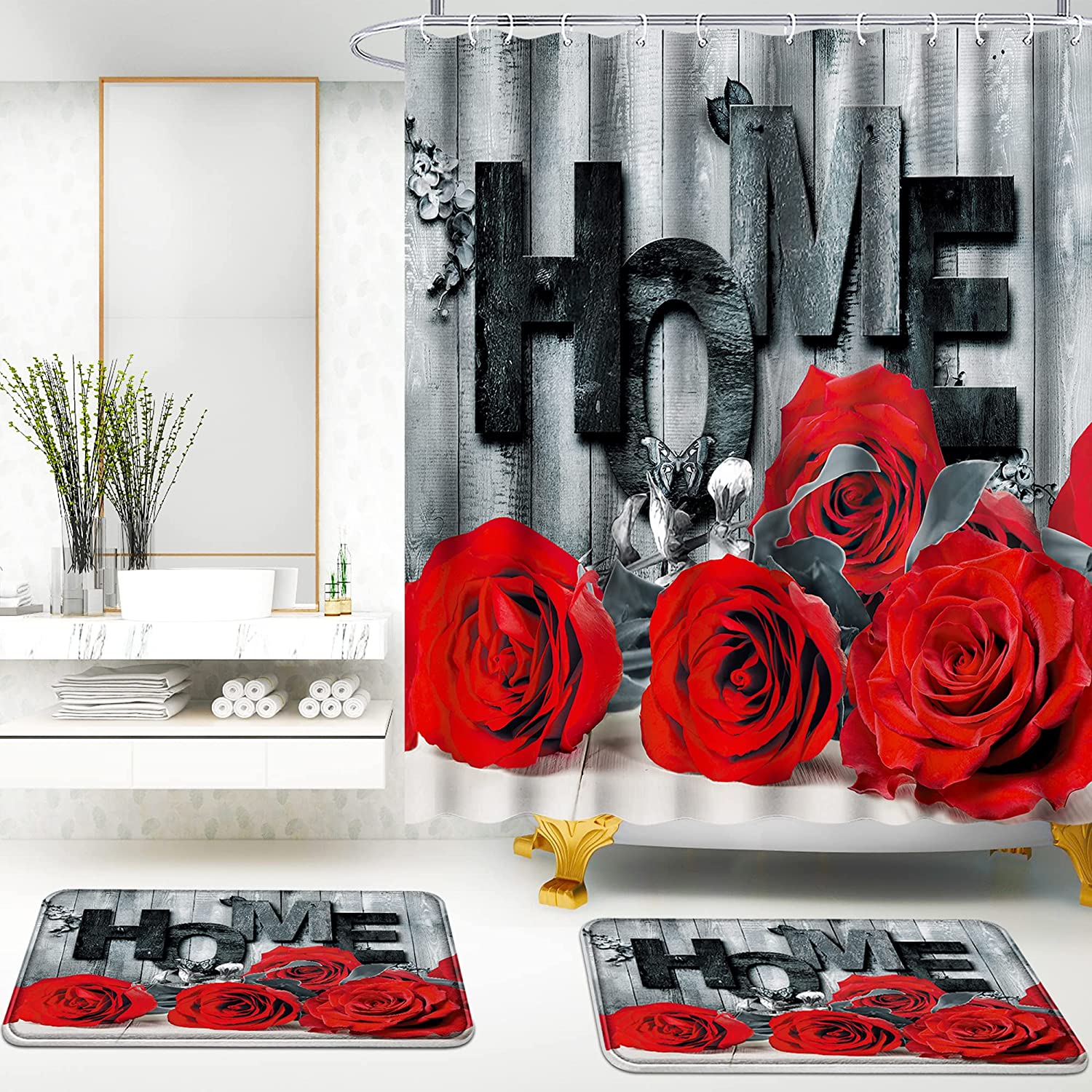 Romantic Red Rose Shower Curtain Set, Waterproof And Non-Slip, For A Special Bathroom Decor