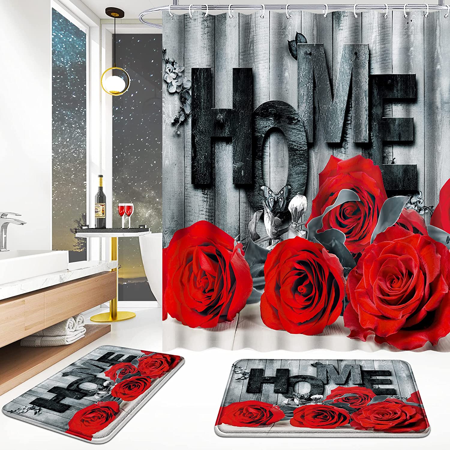 Romantic Red Rose Shower Curtain Set, Waterproof And Non-Slip, For A Special Bathroom Decor