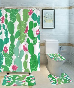 Romantic Rustic Cartoon Cactus Flower Shower Curtain For Home Bathrooms