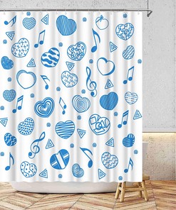 Romantic Shower Curtain with Blue Heart Shape and Musical Note Design 