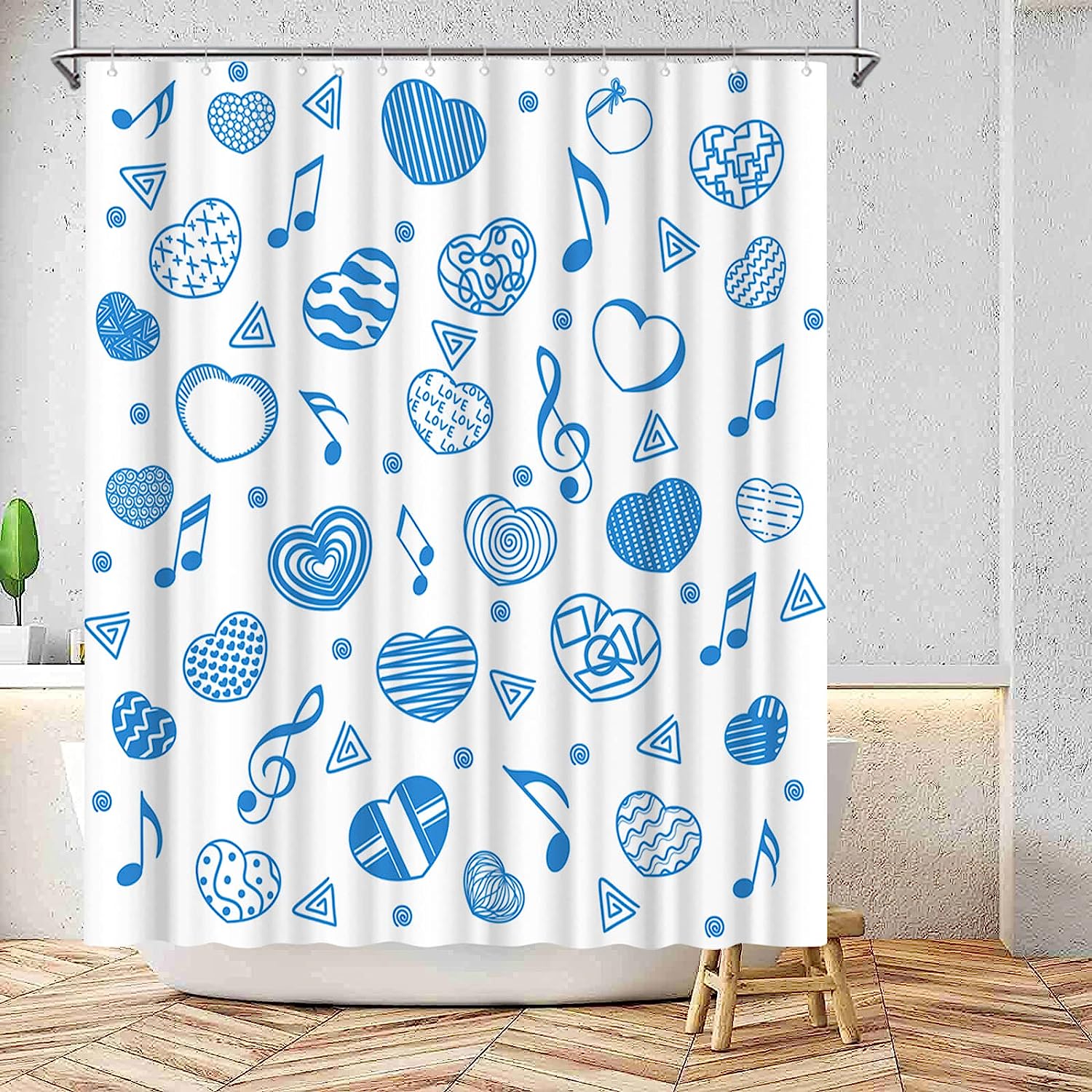 Romantic Shower Curtain with Blue Heart Shape and Musical Note Design