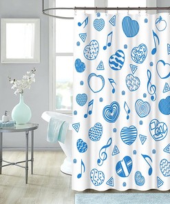 Romantic Shower Curtain with Blue Heart Shape and Musical Note Design