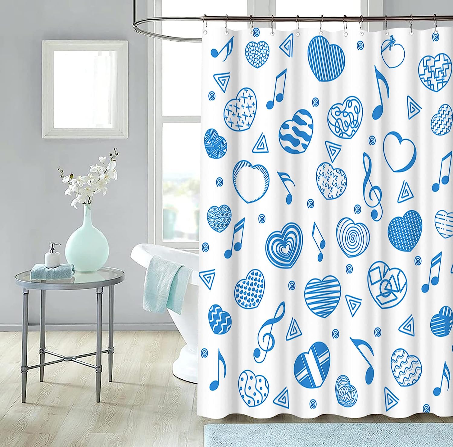 Romantic Shower Curtain with Blue Heart Shape and Musical Note Design