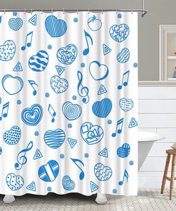 Romantic Shower Curtain with Blue Heart Shape and Musical Note Design
