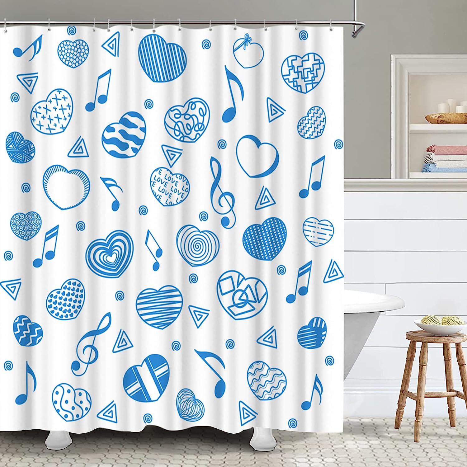 Romantic Shower Curtain with Blue Heart Shape and Musical Note Design
