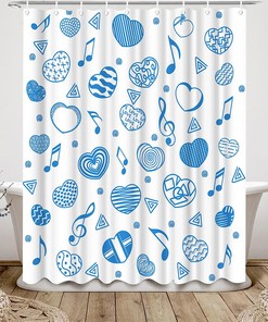 Romantic Shower Curtain with Blue Heart Shape and Musical Note Design