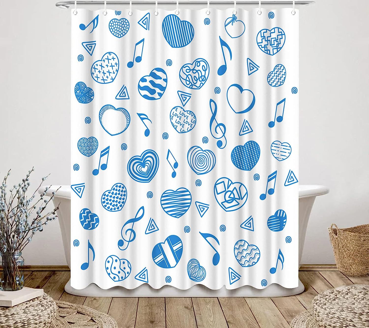Romantic Shower Curtain with Blue Heart Shape and Musical Note Design