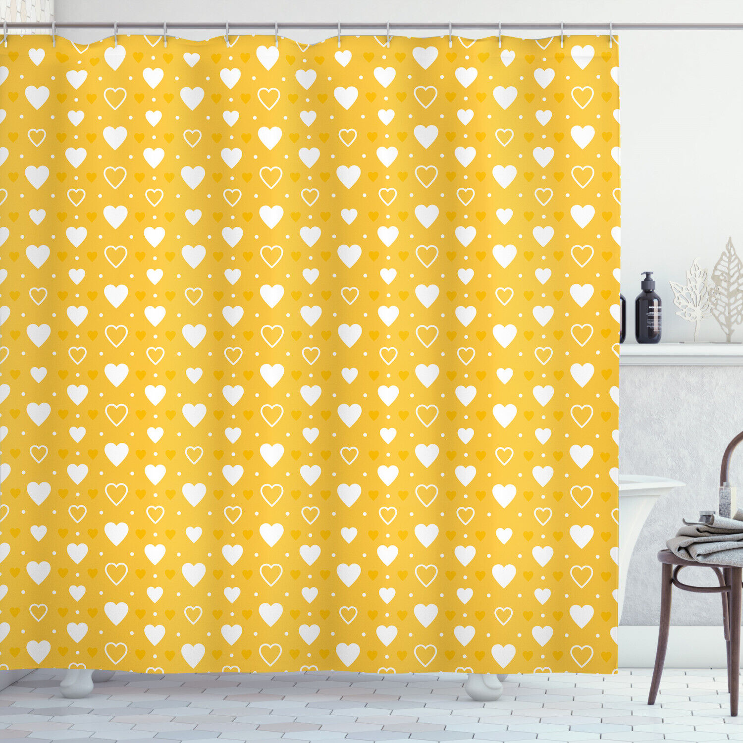 Romantic Shower Curtain with Heart Shapes and Dots Print for Your Bathroom Decor
