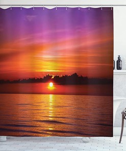 Romantic Sunset Shower Curtain, Rays Reflection On Sea Colorful Sky Print, Cloth Bathroom Decor