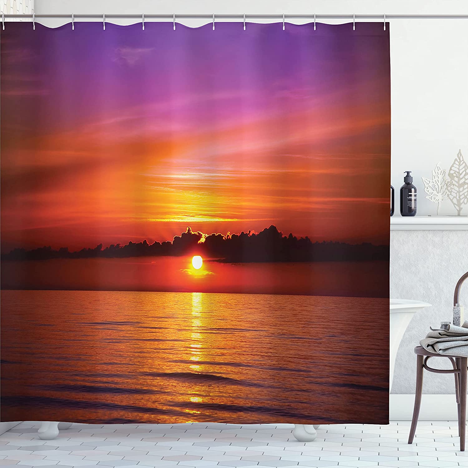 Romantic Sunset Shower Curtain, Rays Reflection On Sea Colorful Sky Print, Cloth Bathroom Decor