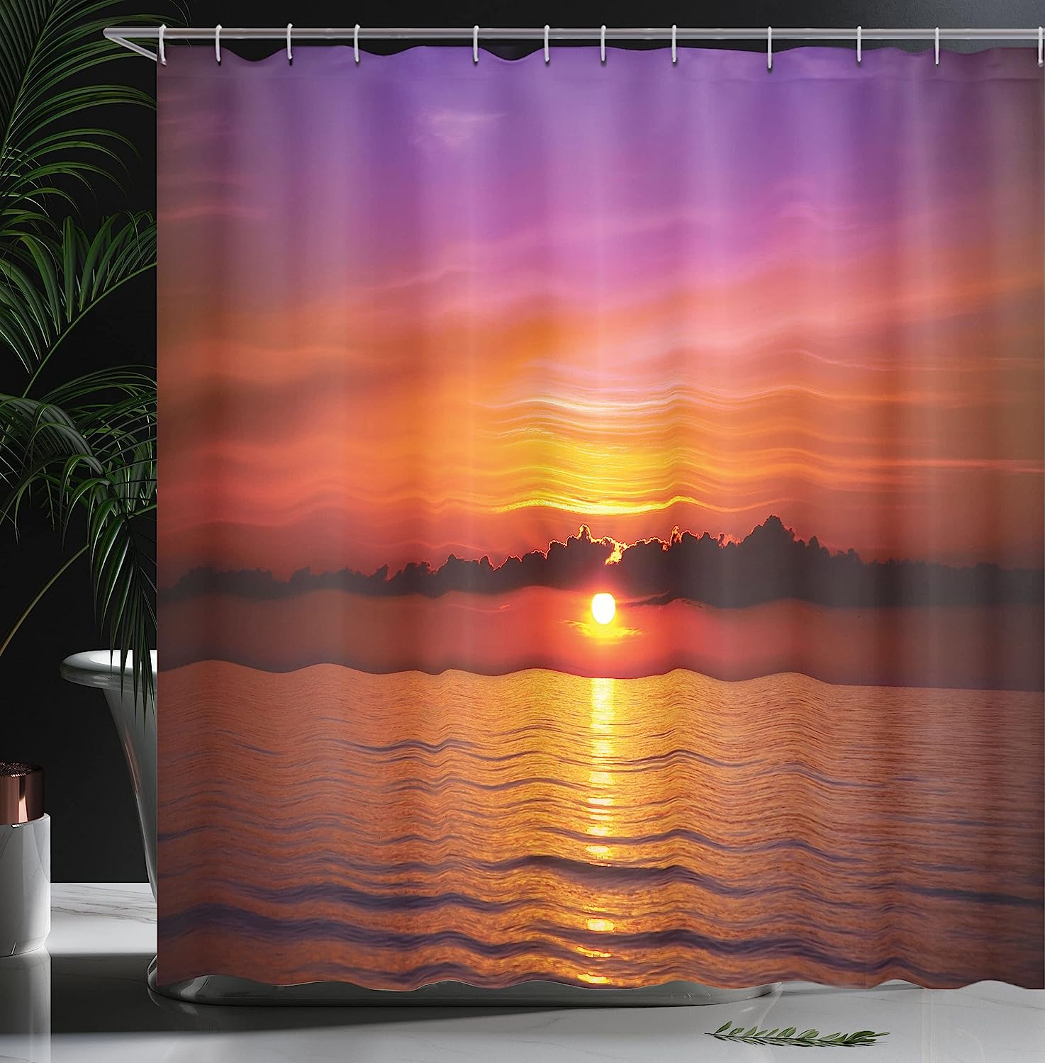 Romantic Sunset Shower Curtain, Rays Reflection On Sea Colorful Sky Print, Cloth Bathroom Decor - Image 3
