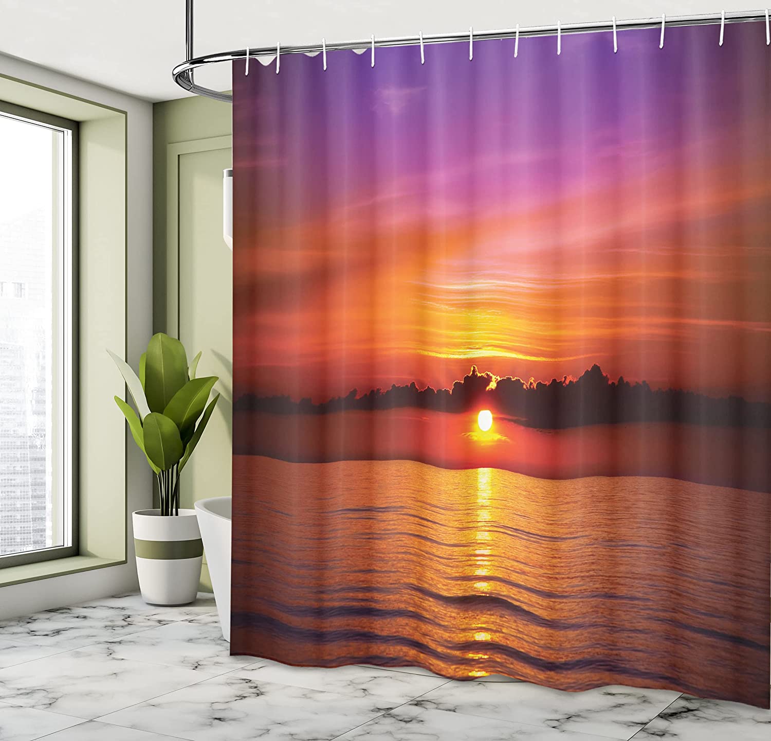 Romantic Sunset Shower Curtain, Rays Reflection On Sea Colorful Sky Print, Cloth Bathroom Decor - Image 4