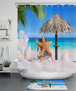 Romantic Tropical Beach Shower Curtain with Beautiful Starfish, Shell, Coral, and Palm Leaf Design 