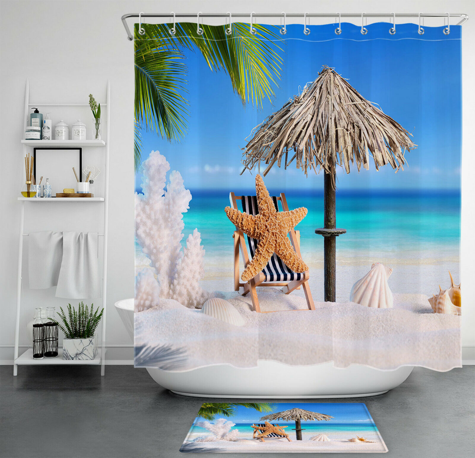 Romantic Tropical Beach Shower Curtain with Beautiful Starfish, Shell, Coral, and Palm Leaf Design
