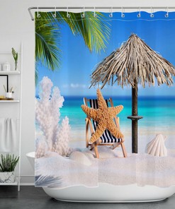 Romantic Tropical Beach Shower Curtain with Beautiful Starfish, Shell, Coral, and Palm Leaf Design