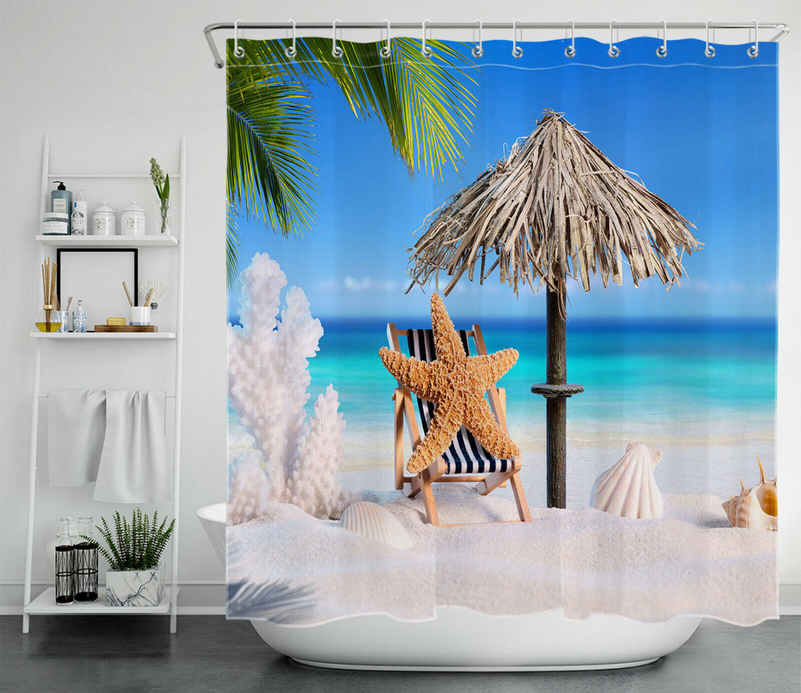 Romantic Tropical Beach Shower Curtain with Beautiful Starfish, Shell, Coral, and Palm Leaf Design